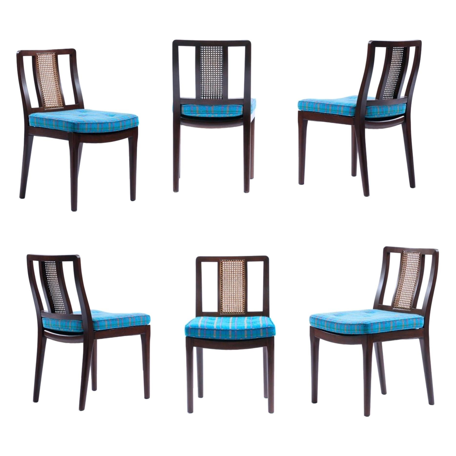 Set of 6 Edward Wormley for Dunbar Blue Dining Chairs with Cane Backs, c. 1958