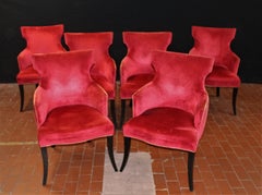 Set of 6 Elegant Dining Chairs in a Rich Red Velvet with Gold Welt Detail