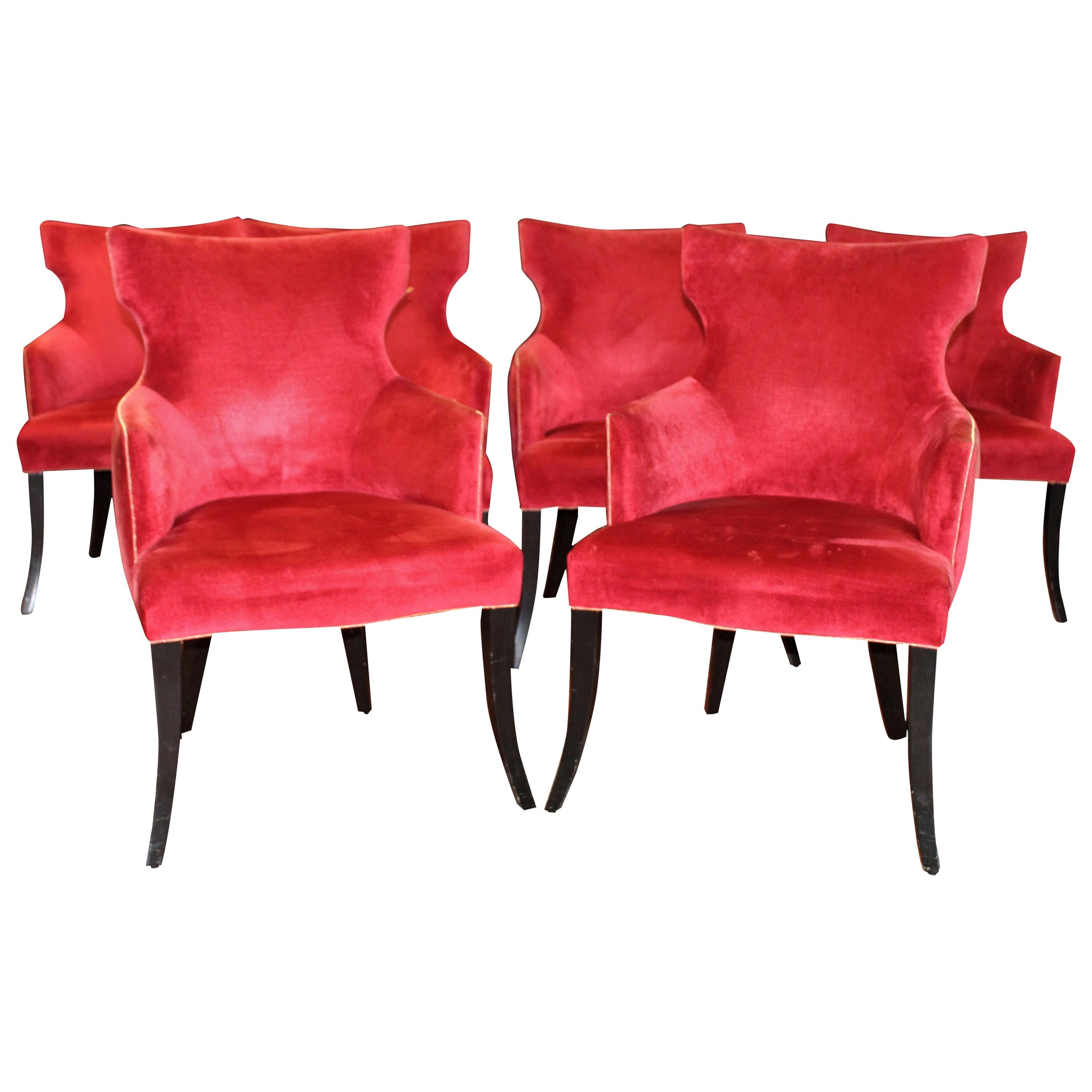 Set of 6 Elegant Dining Chairs in a Rich Red Velvet with Gold Welt Detail For Sale