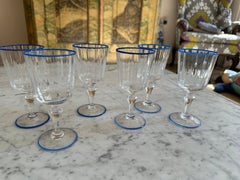 Set of 6 Elegant Murano Wine Glasses with Blue Rim, Late 19th Century