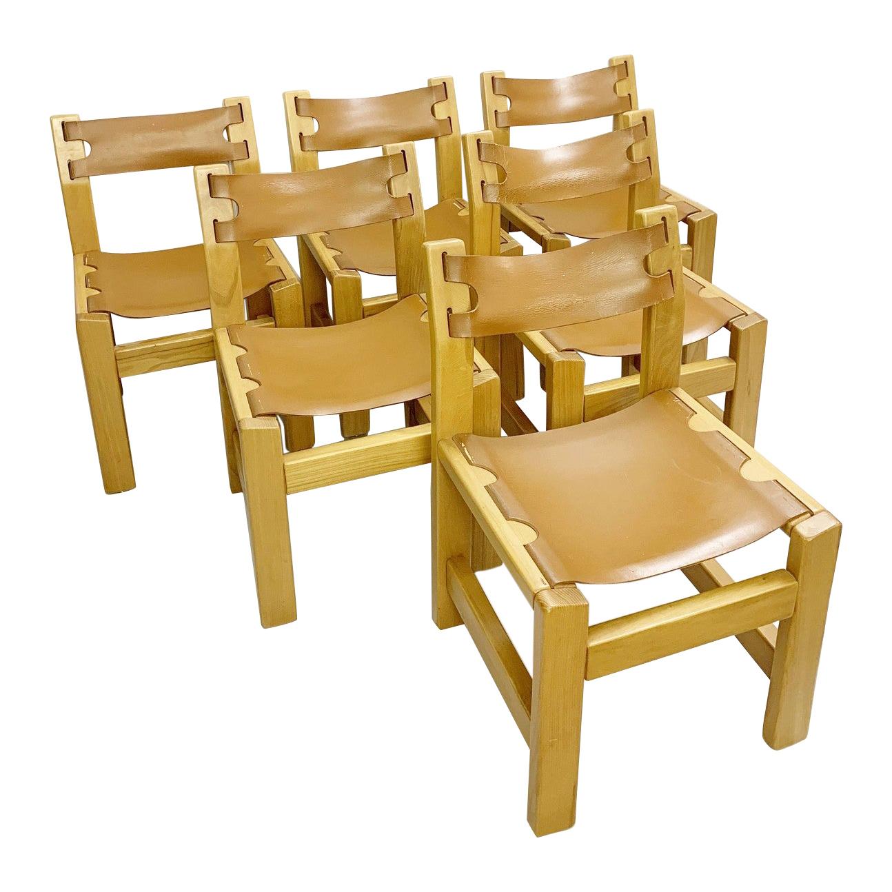 Ensemble de 6 chaises en orme et cuir dans le style de Pierre Chapo, années 1960