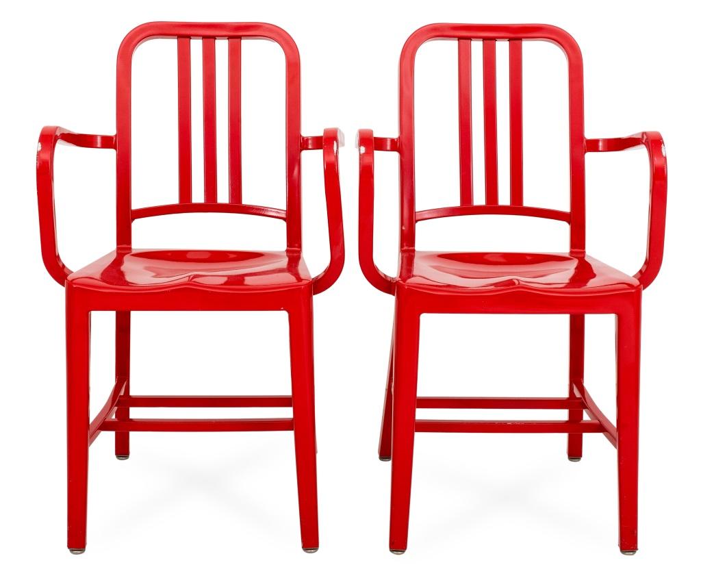 Emeco Aluminum Navy Chairs, two red armchairs and four brushed-aluminum side chairs. 34