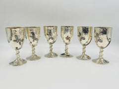Set of 6 Emilia Castillo Silver-Plated Goblets with Stone Inlay, Taxco Mexico