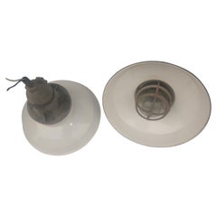 Set of 6 Enameled Explosion Proof Industrial Pendant Glass Fixtures with Cages