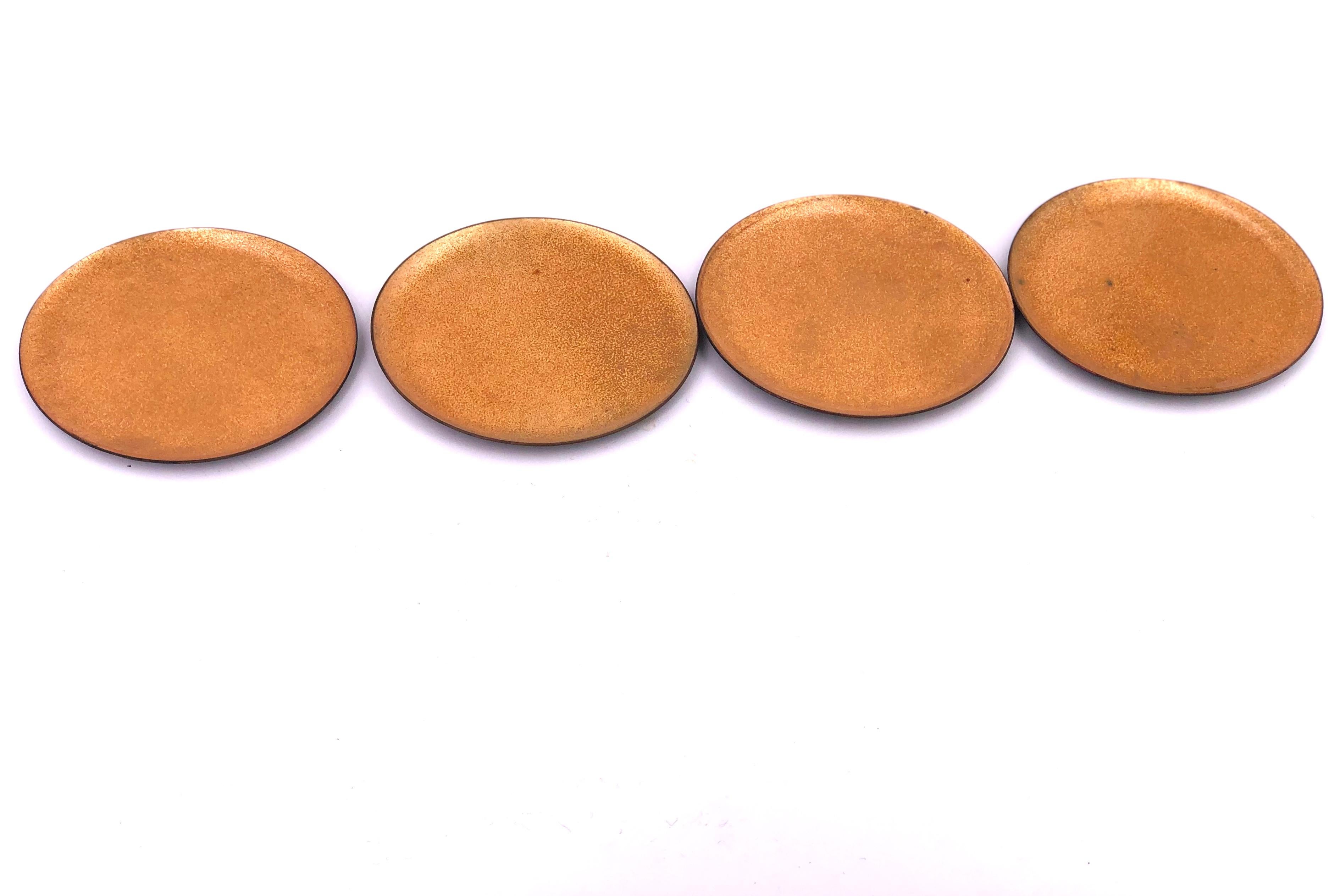 American Set of 6 Enameled on Copper Gold Coasters Midcentury California Design