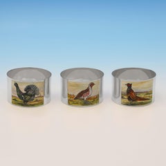 Set of 6 Enamelled Sterling Silver Napkin Rings, Different Game Birds, 1993