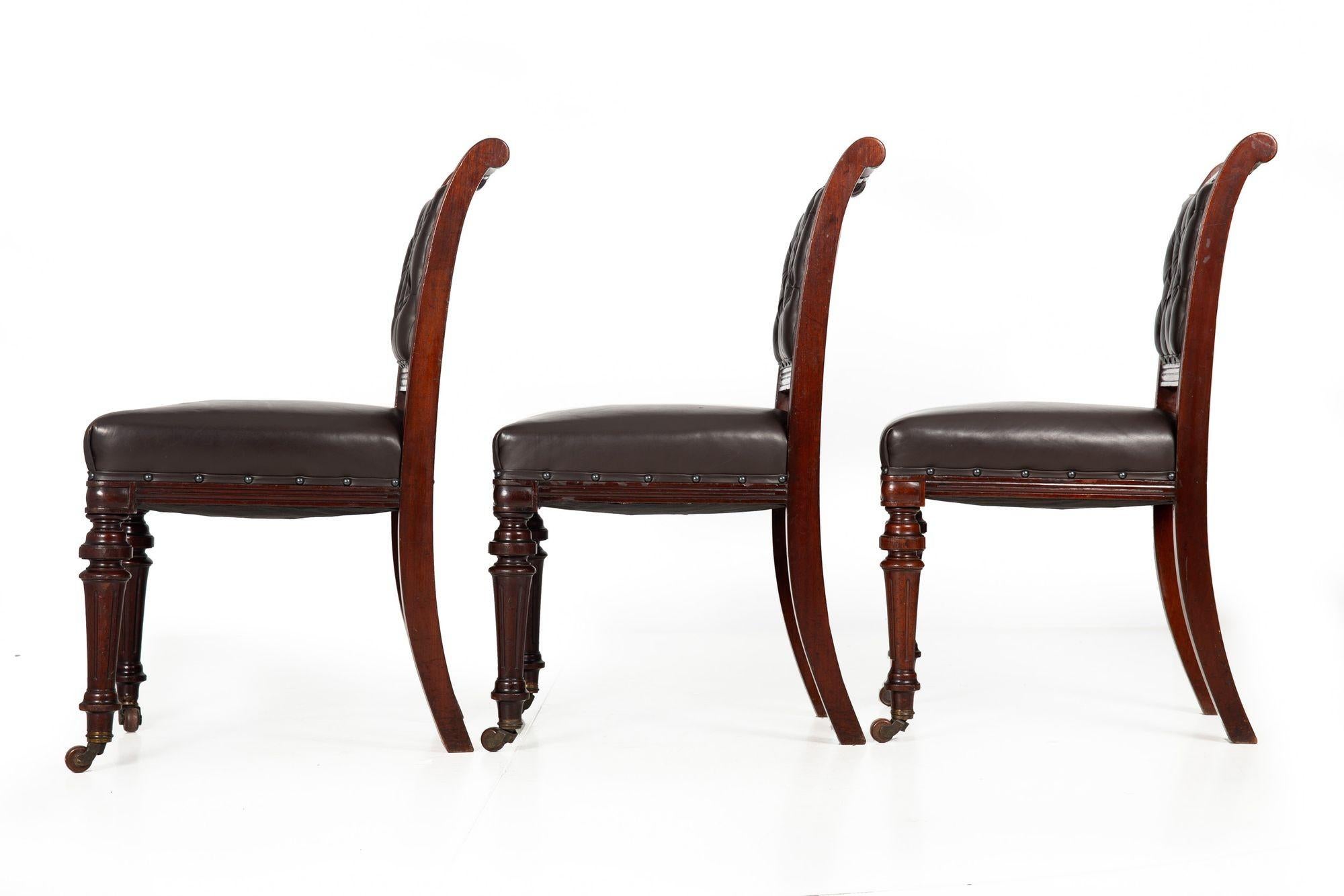 Victorian Set of 6 English Antique Mahogany and Leather Dining Chairs, 19th Century For Sale