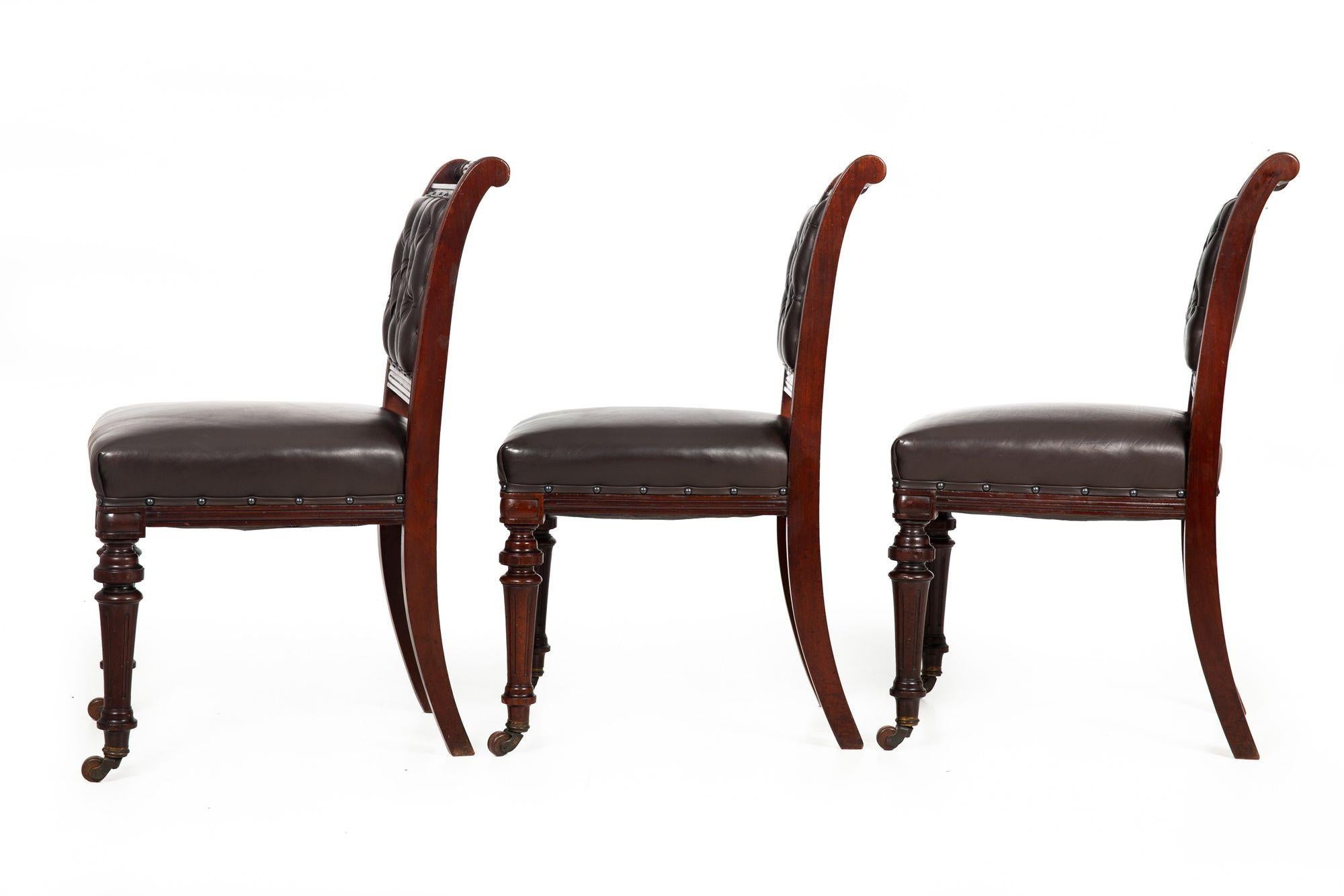 Set of 6 English Antique Mahogany and Leather Dining Chairs, 19th Century 3