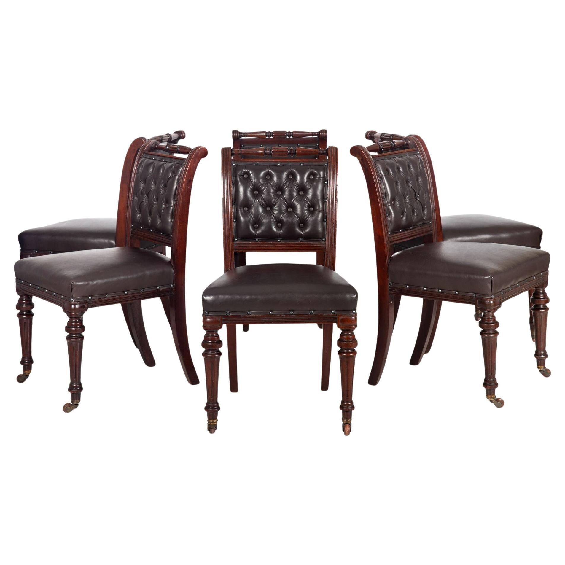 Set of 6 English Antique Mahogany and Leather Dining Chairs, 19th Century