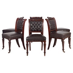 Set of 6 English Antique Mahogany and Leather Dining Chairs, 19th Century