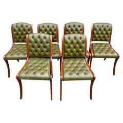 Set of 6 English Chesterfield chairs in green leather