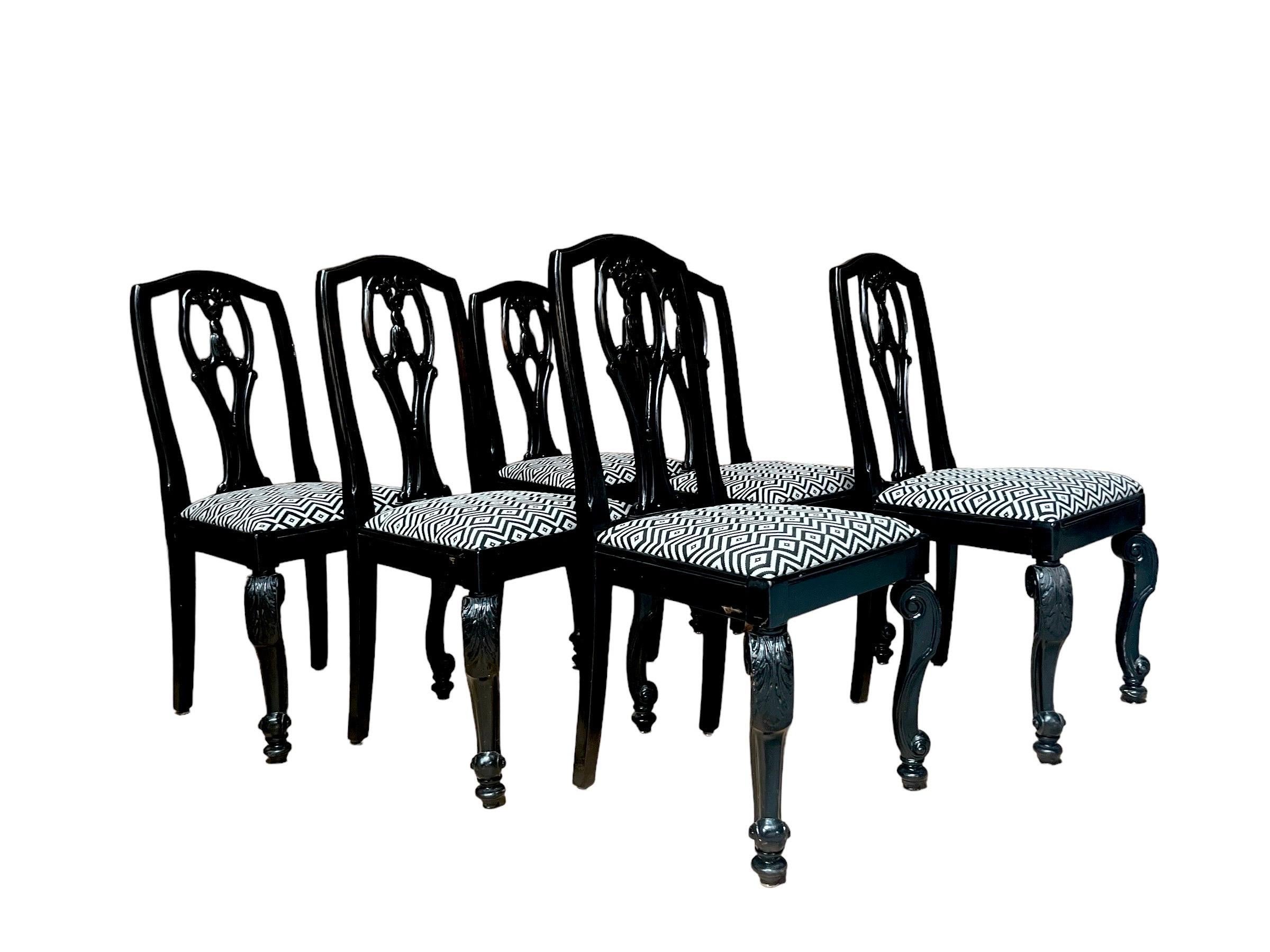 set of 6 English Chippendale / Baroque black lacquered chairs - England - 19th For Sale 8
