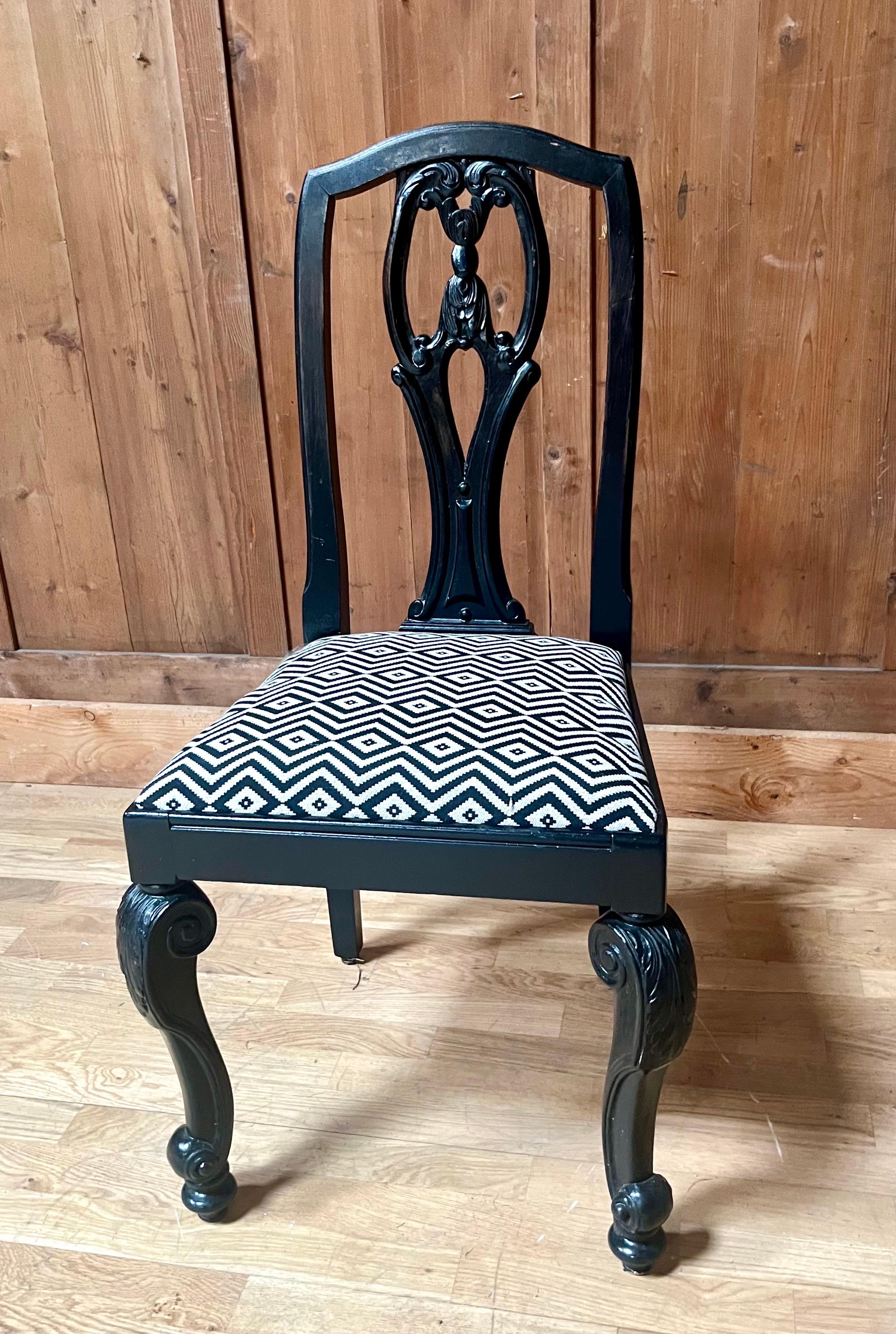 Lacquered set of 6 English Chippendale / Baroque black lacquered chairs - England - 19th For Sale