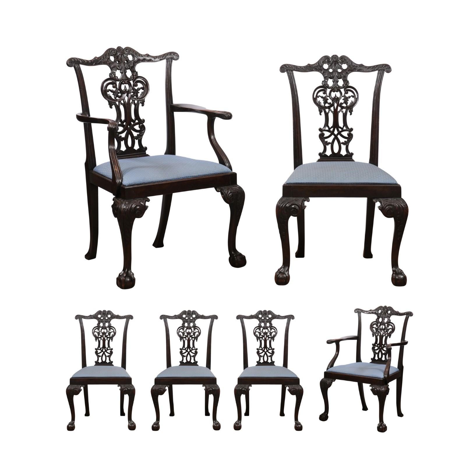 Set of 6 English Chippendale Style Mahogany Dining Chairs with Ball & Claw Feet, Ca. 1860