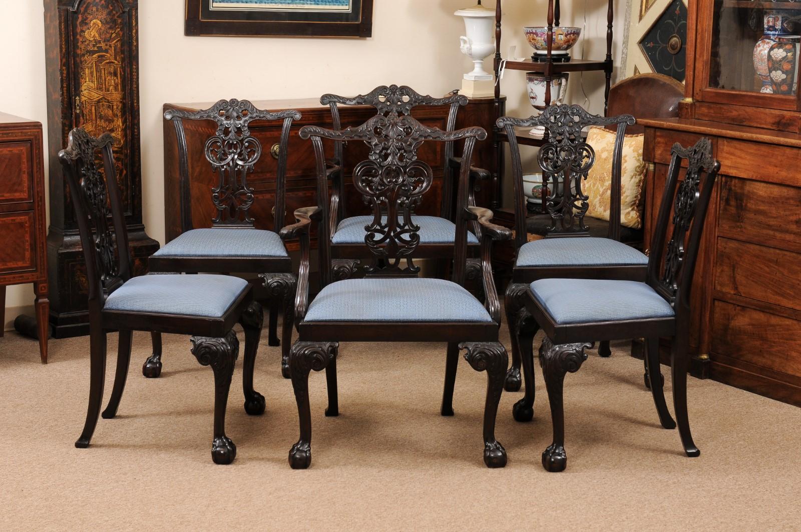 Set of 6 English Chippendale Style Mahogany Dining Chairs with Ball & Claw Feet For Sale 1