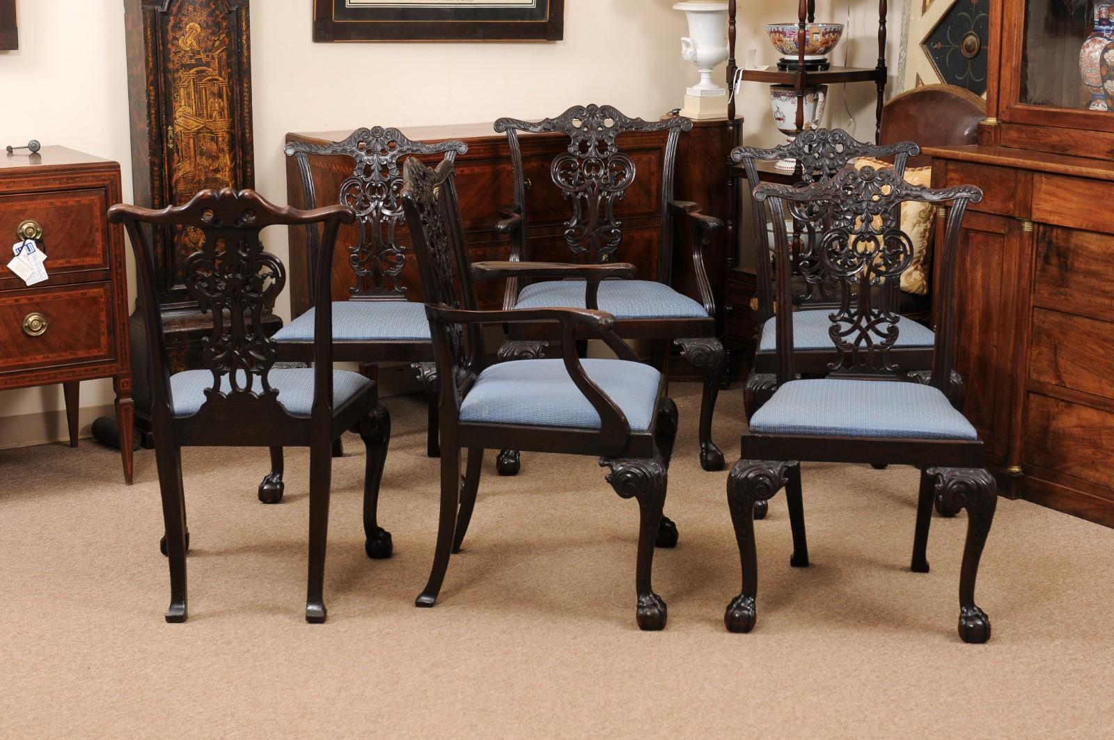 Set of 6 English Chippendale Style Mahogany Dining Chairs with Ball & Claw Feet For Sale 2