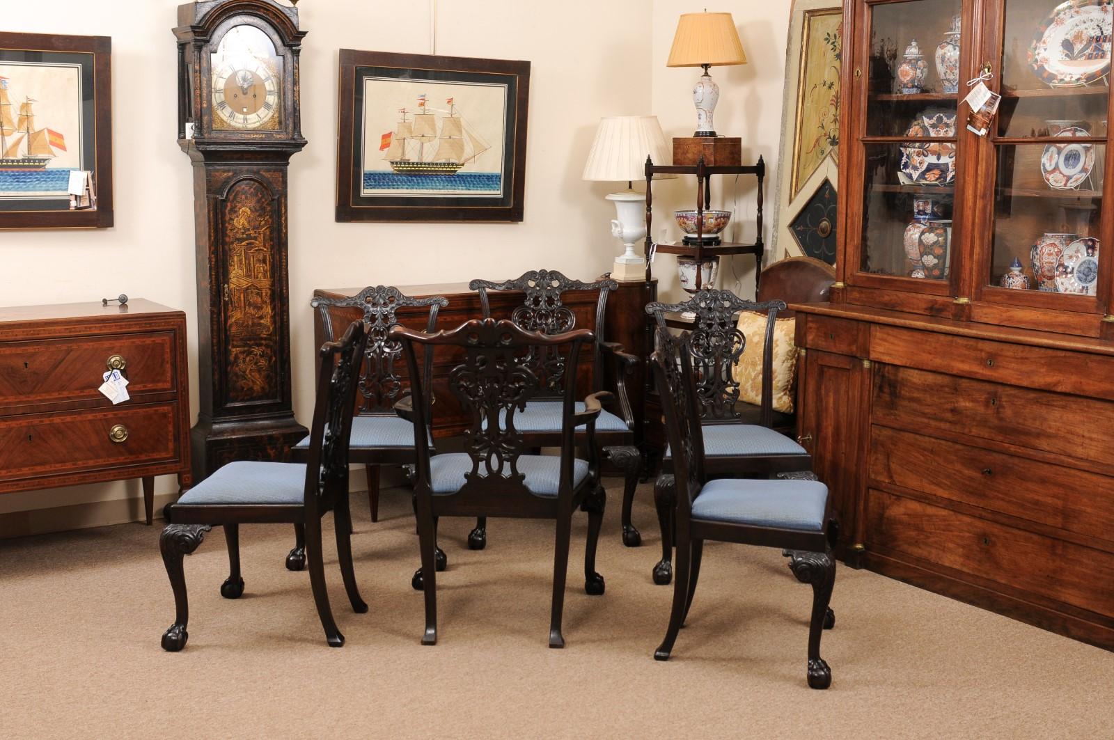 Set of 6 English Chippendale Style Mahogany Dining Chairs with Ball & Claw Feet For Sale 3