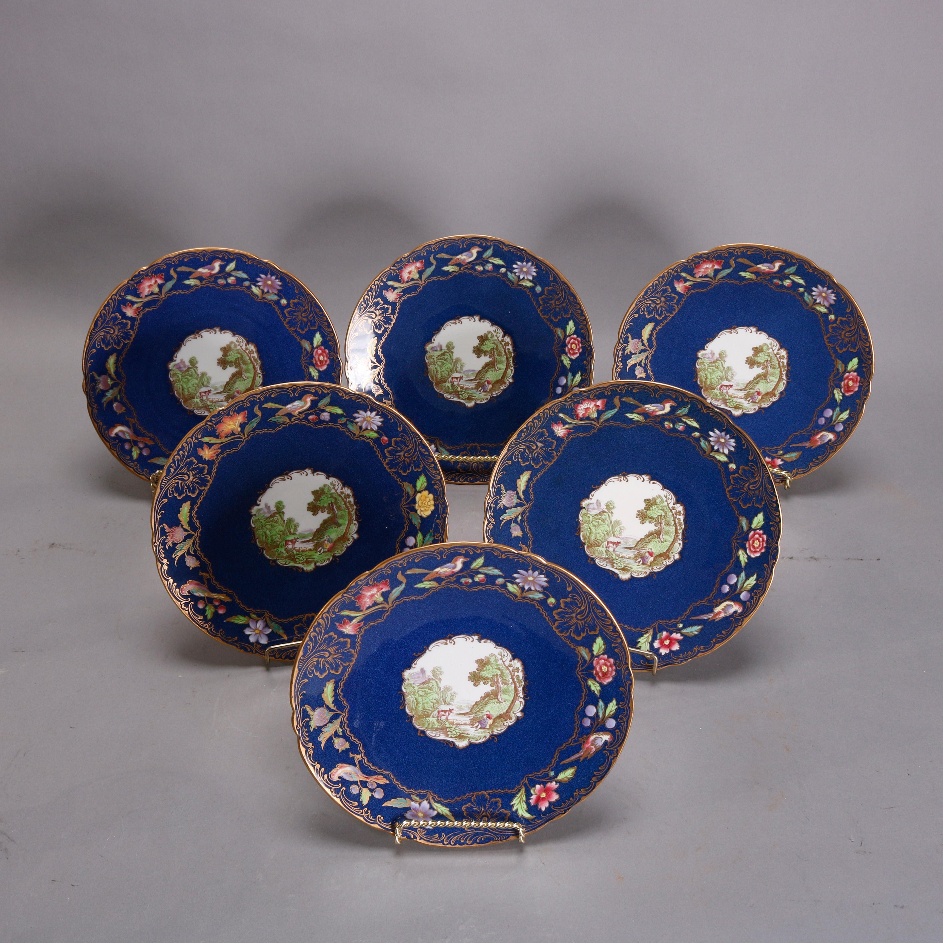 Set of 6 English Copeland Spode Pictorial & Gilt Porcelain Plates, 20th Century 2