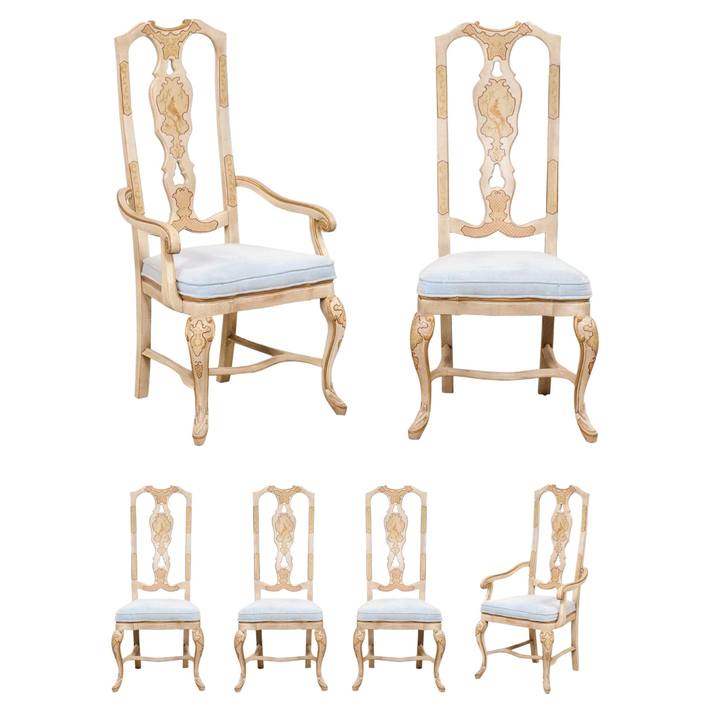 Set of 6 English Dining Chairs w/Pierced Back Splats & Chinoiserie Style Paint For Sale