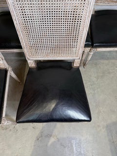 Set of 6 English Edwardian Black Leather Cane Back Dining Chairs, Circa 1910