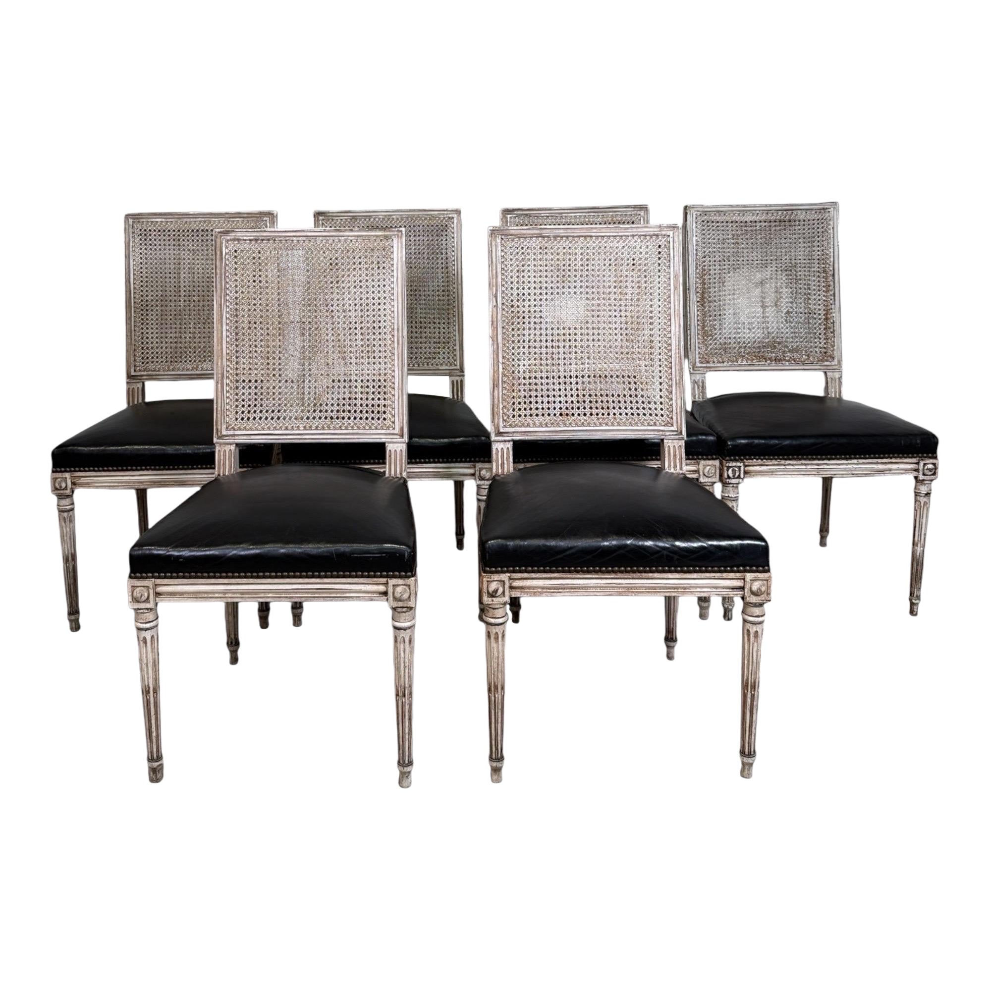 Set of 6 English Edwardian Black Leather Cane Back Dining Chairs, Circa 1910