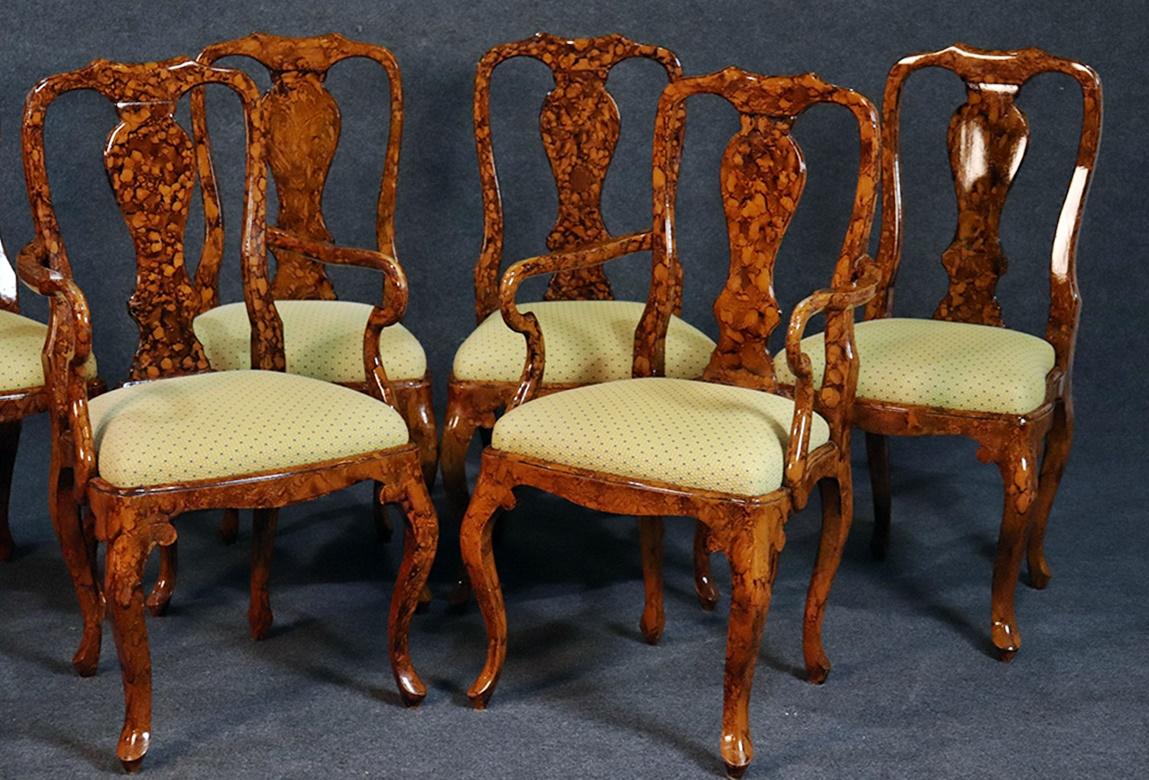 Set of 6 English Georgian style faux tortoise shell paint decorated dining room chairs.