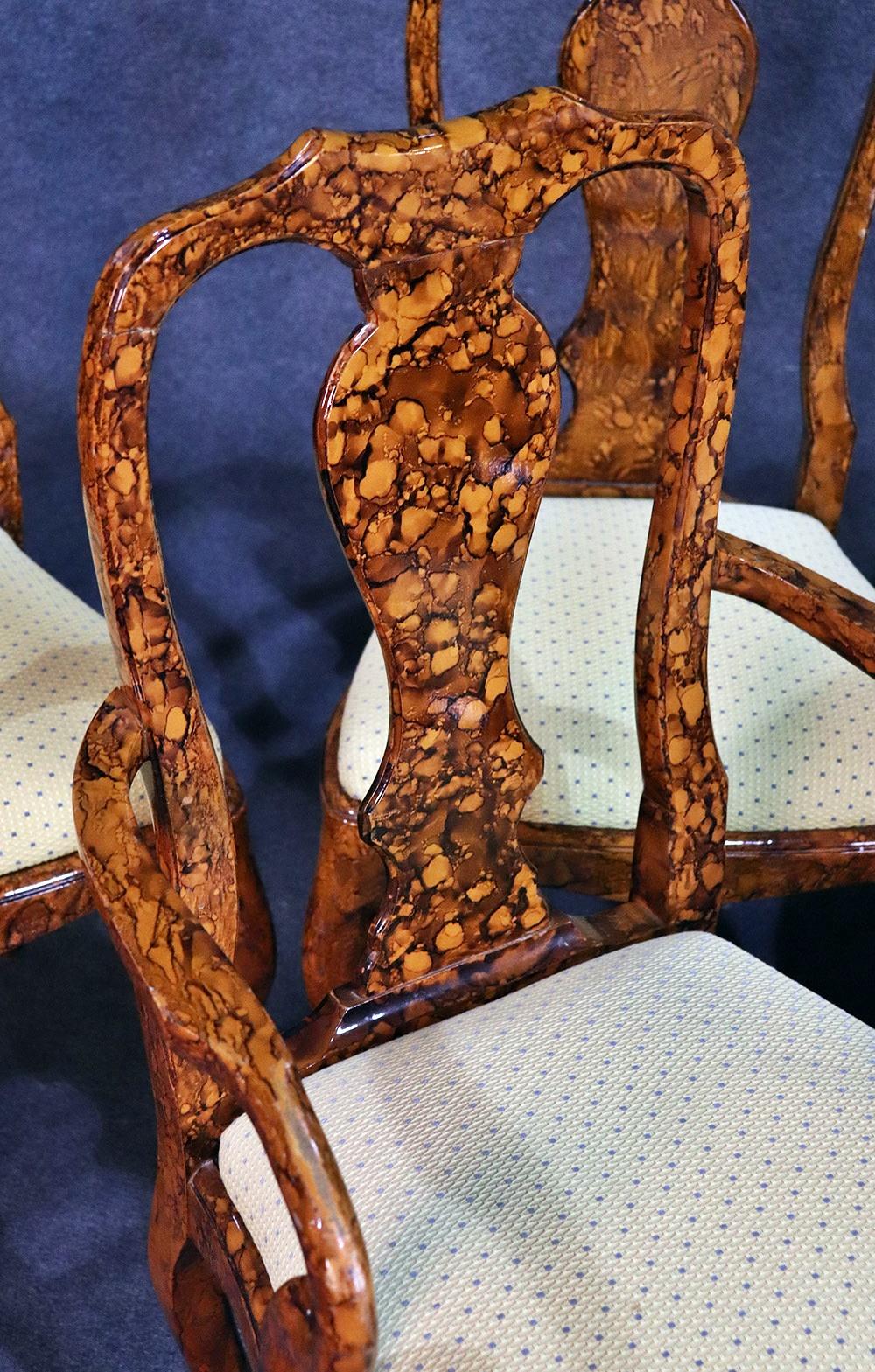 Painted Set of 6 English Faux Tortoise Shell Decorated Georgian Style Dining Chairs