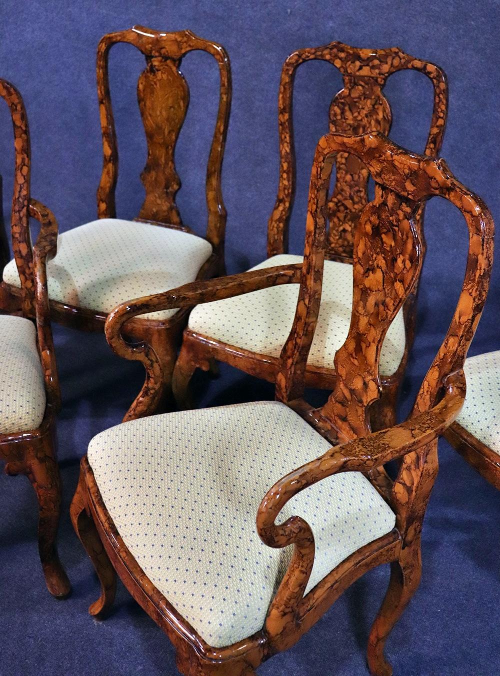 20th Century Set of 6 English Faux Tortoise Shell Decorated Georgian Style Dining Chairs