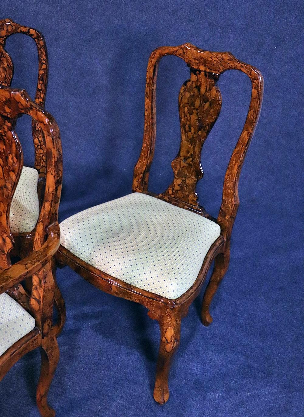 Upholstery Set of 6 English Faux Tortoise Shell Decorated Georgian Style Dining Chairs