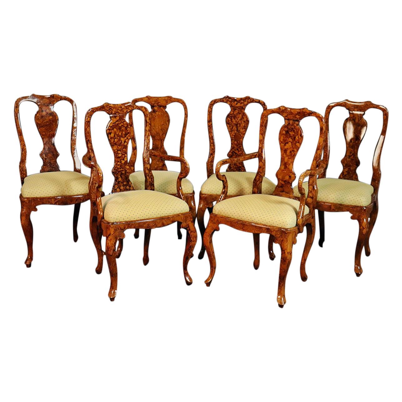 Set of 6 English Faux Tortoise Shell Decorated Georgian Style Dining Chairs