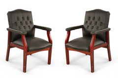 Set of 6 English Georgian Style Black Tufted Faux Leather Conference/Armchairs