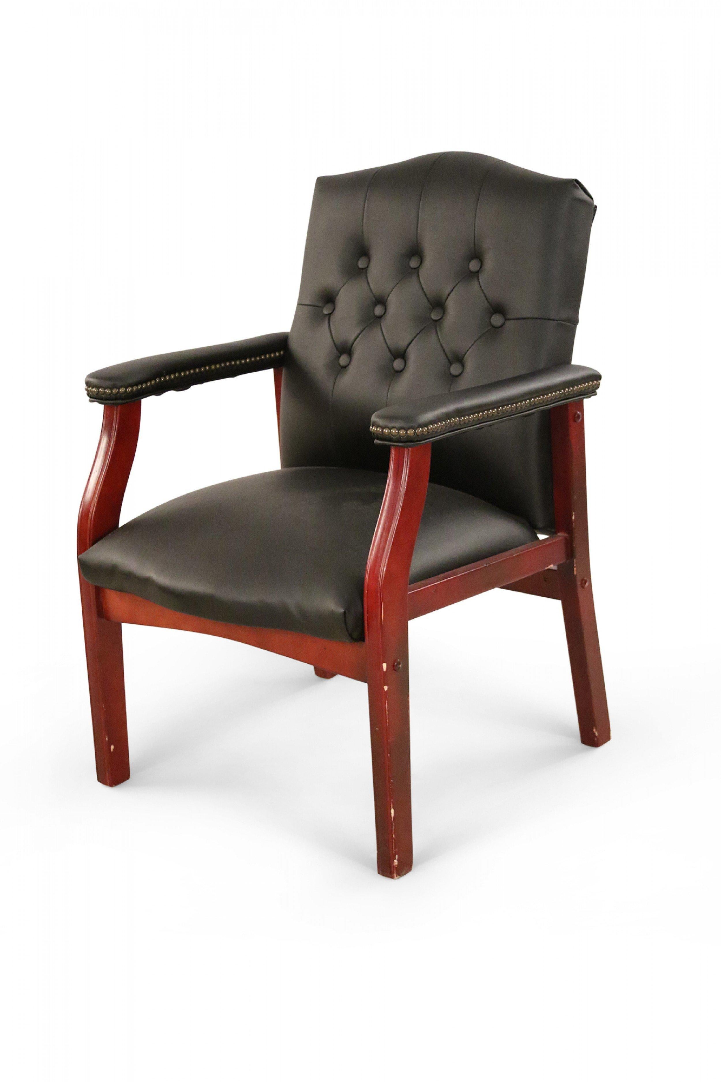 Set of 6 English Georgian-style (modern) black button-tufted leather armchairs with wooden frames and padded arm rests (PRICED AS SET).
 