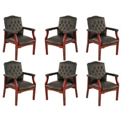 Set of 6 English Georgian Style Black Tufted Faux Leather Conference/Armchairs