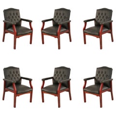 Set of 6 English Georgian Style Black Tufted Faux Leather Conference/Armchairs