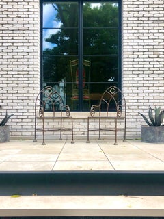 Set of Six English Gothic Revival Wrought Iron Dining or Garden Armchairs