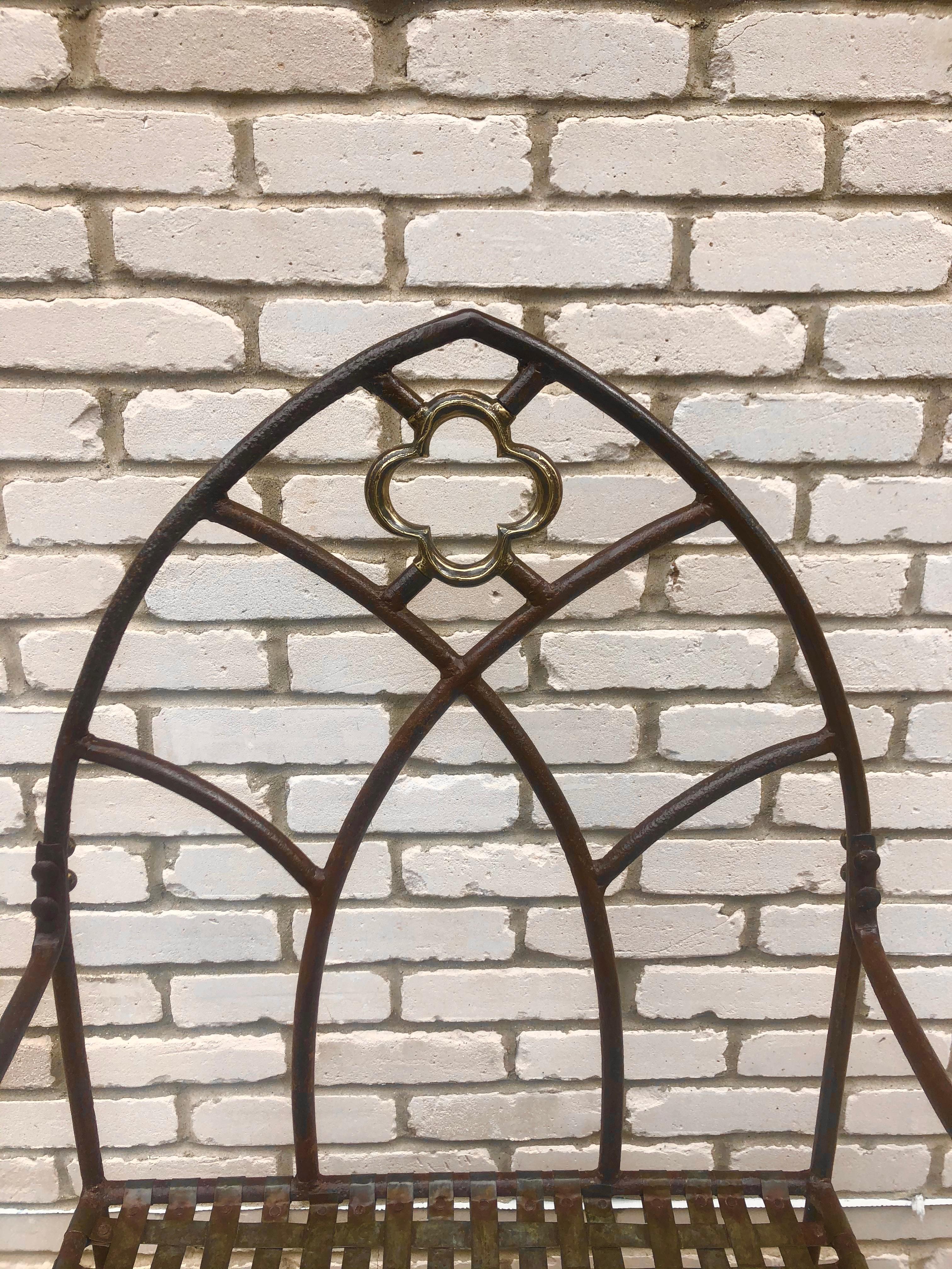 Cast Set of Six English Gothic Revival Wrought Iron Dining or Garden Armchairs For Sale