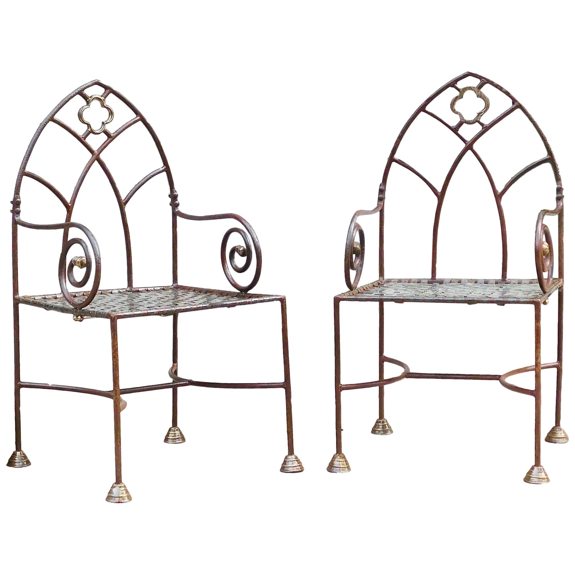 Set of Six English Gothic Revival Wrought Iron Dining or Garden Armchairs For Sale