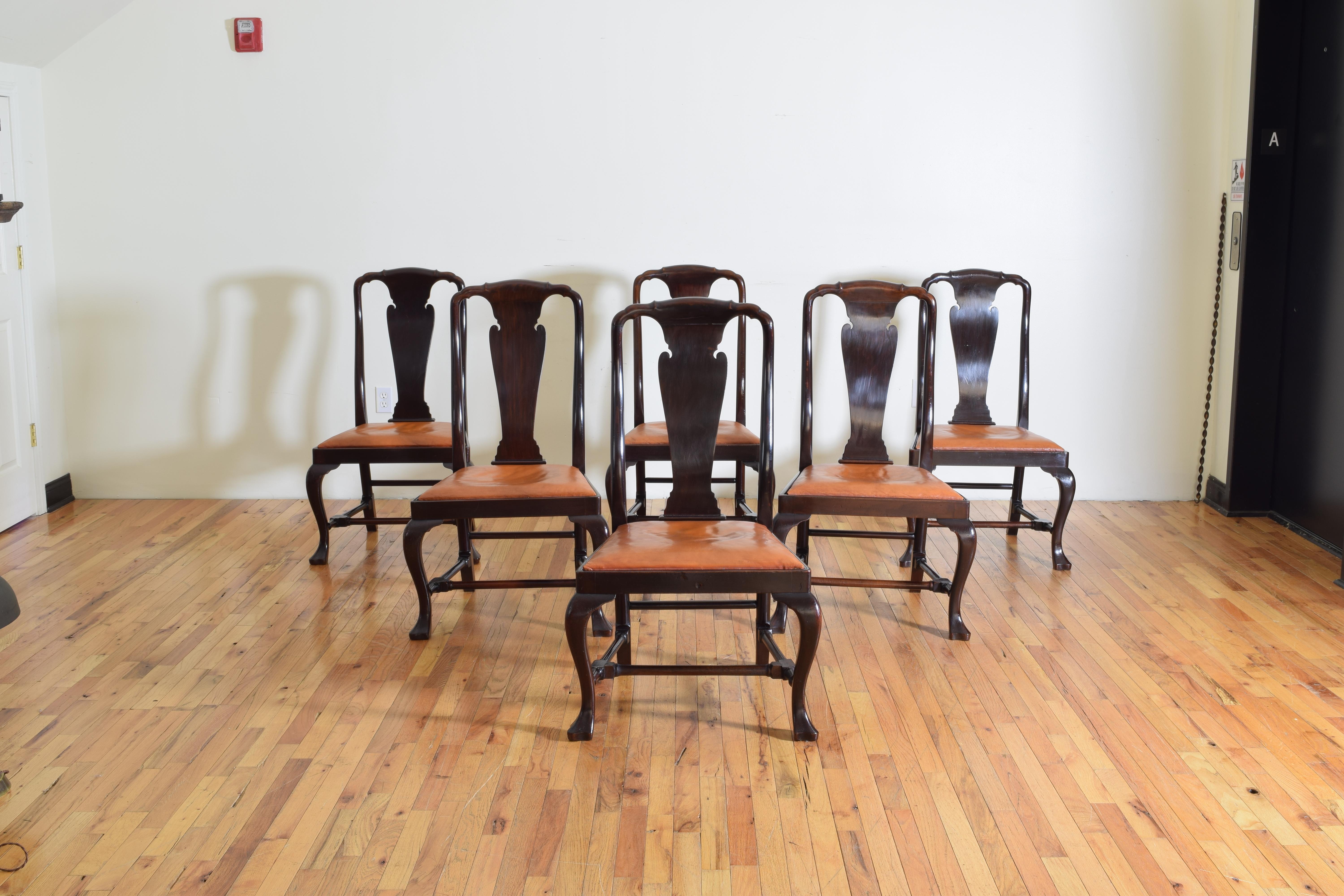 Queen Anne Set of 6 English Mahogany and Leather Upholstered Dining Chairs, circa 1900