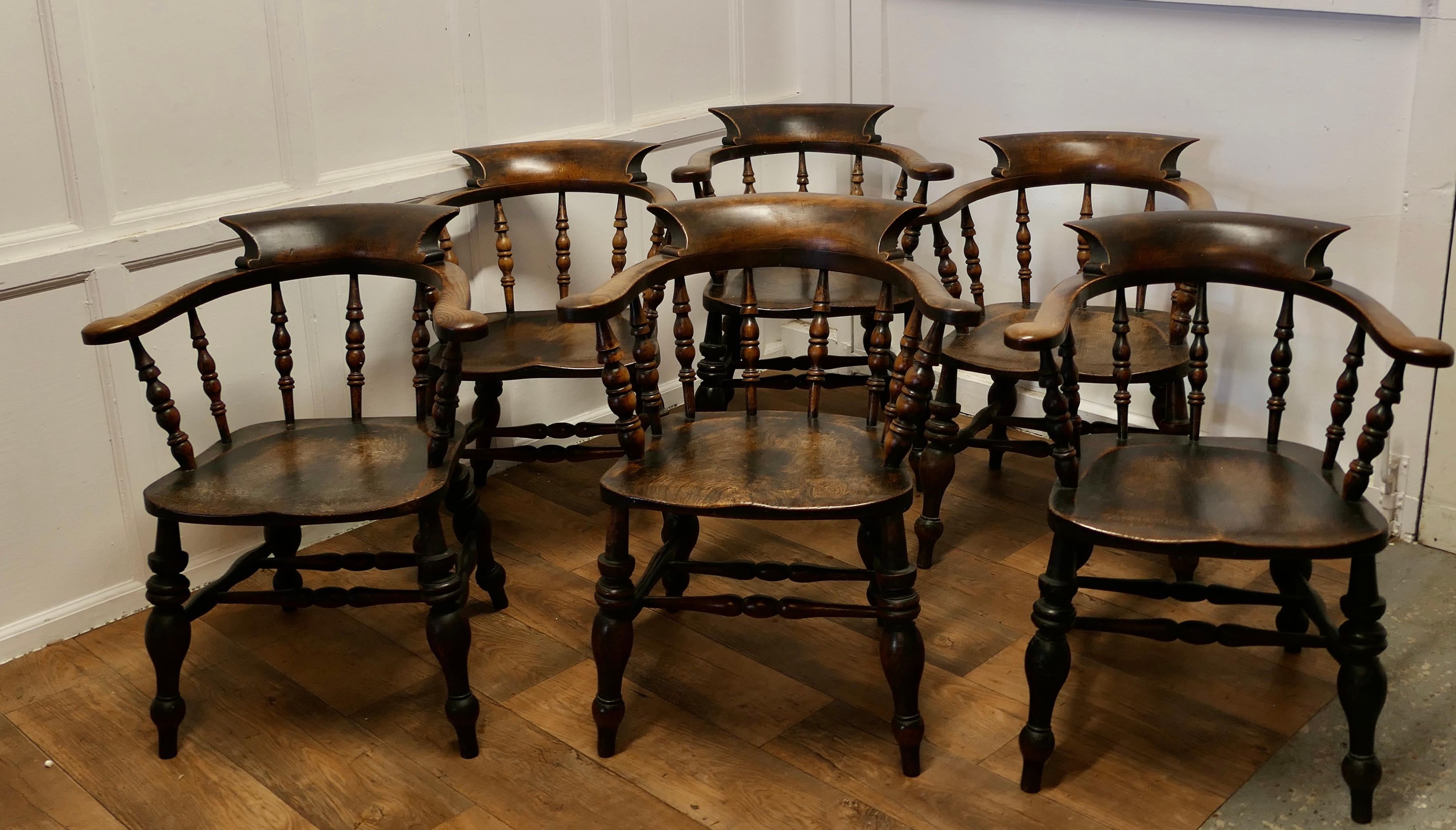 Mid-19th Century Set of 6 English Oak and Elm Windsor Carver Chairs   For Sale