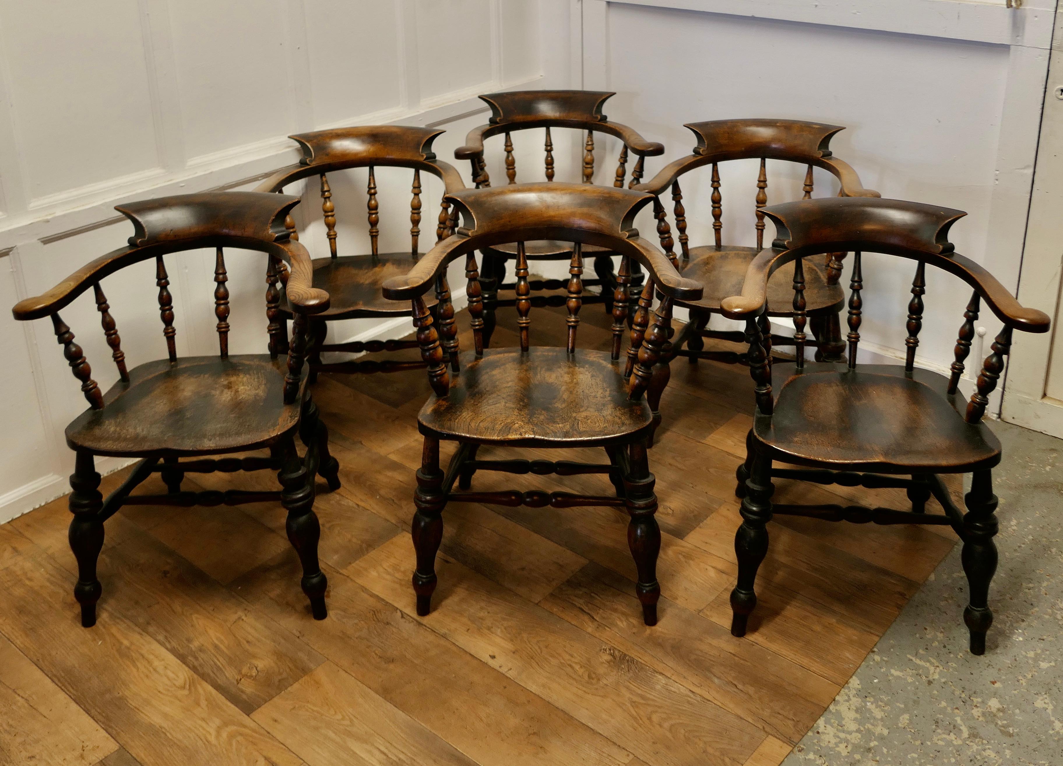 Set of 6 English Oak and Elm Windsor Carver Chairs   For Sale 1