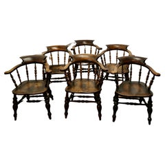 Antique Set of 6 English Oak and Elm Windsor Carver Chairs  