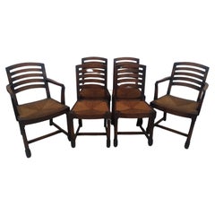 Ensemble de 6 chaises de salle à manger en Oak Oak à dossier échelonné et assise en joncs