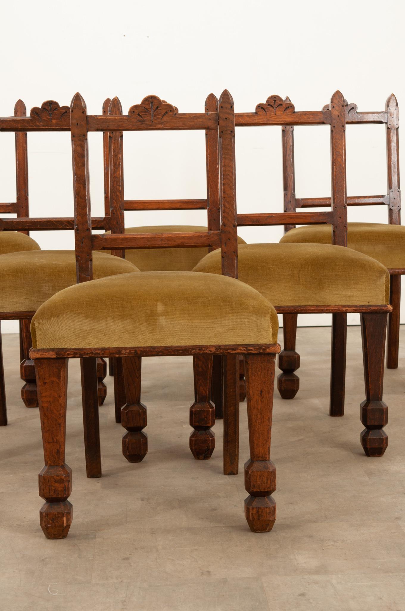 Hand-Crafted Set of 6 English Oak & Upholstered Dining Chairs