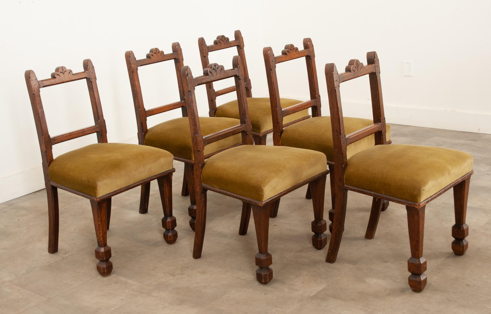 Set of 6 English Oak & Upholstered Dining Chairs In Good Condition In Baton Rouge, LA