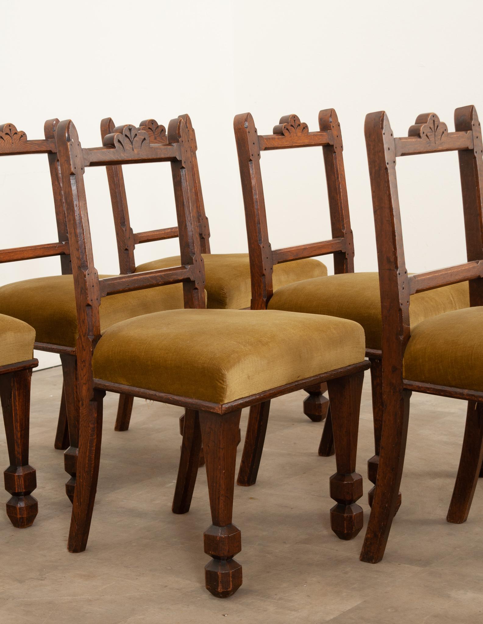 19th Century Set of 6 English Oak & Upholstered Dining Chairs