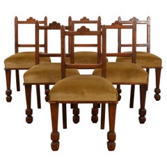 Antique Set of 6 English Oak & Upholstered Dining Chairs