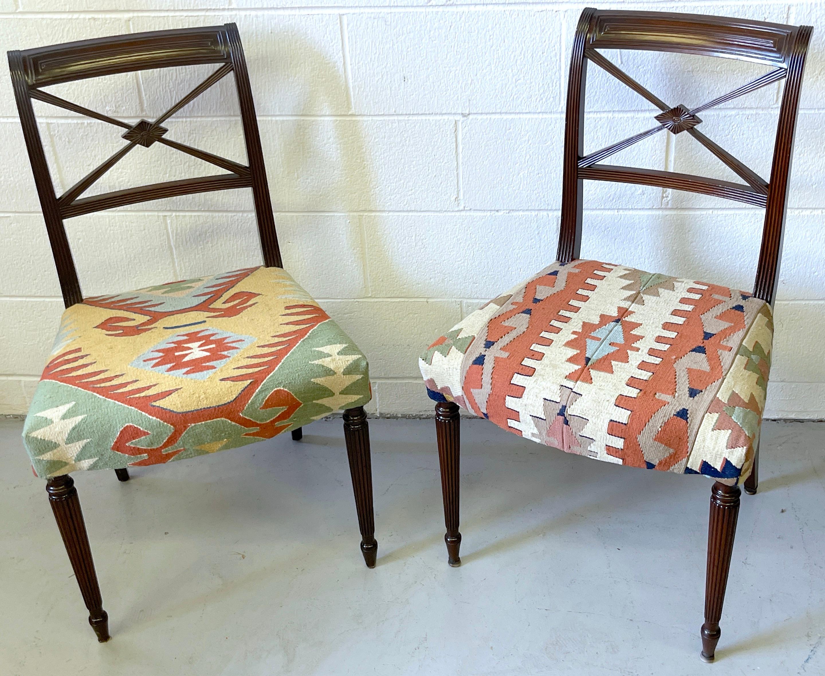 Set of 6 English Regency Style Carved Mahogany & Kilim Upholstered Chairs 2