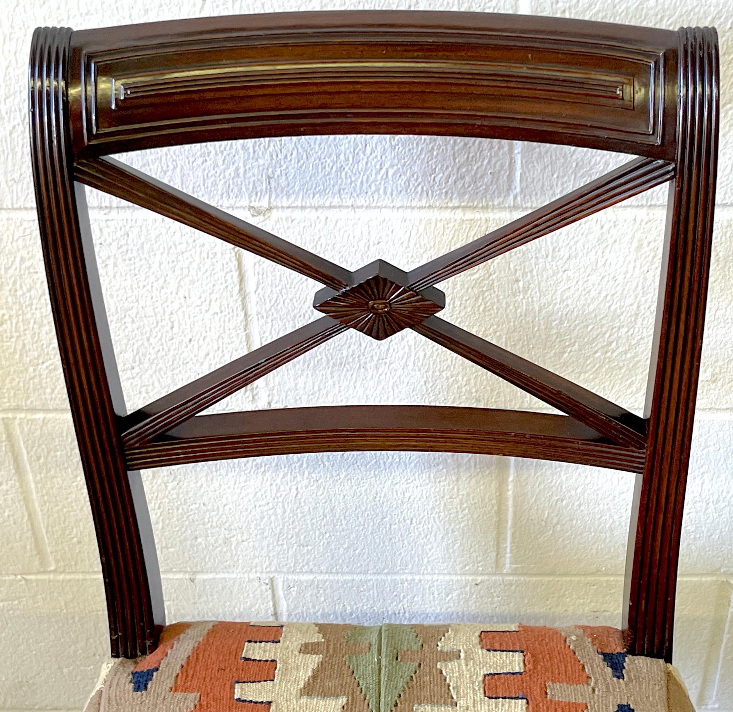 Set of 6 English Regency Style Carved Mahogany & Kilim Upholstered Chairs 4