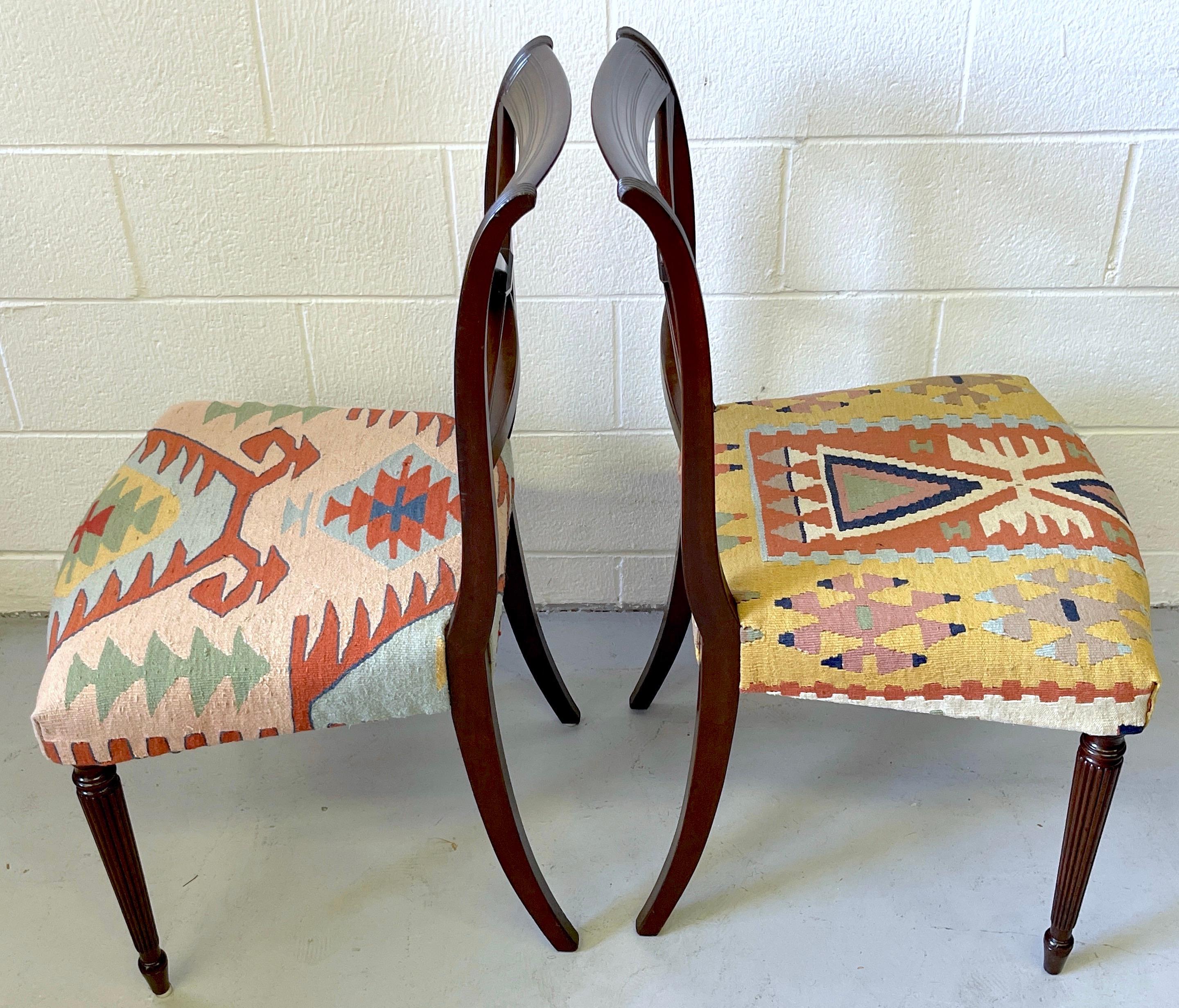 Set of 6 English Regency Style Carved Mahogany & Kilim Upholstered Chairs In Good Condition In West Palm Beach, FL