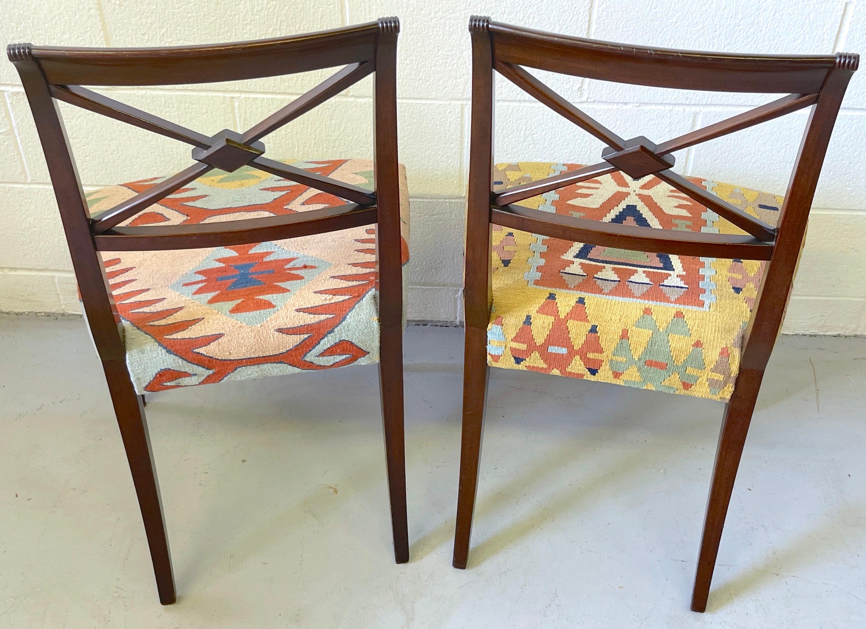 20th Century Set of 6 English Regency Style Carved Mahogany & Kilim Upholstered Chairs